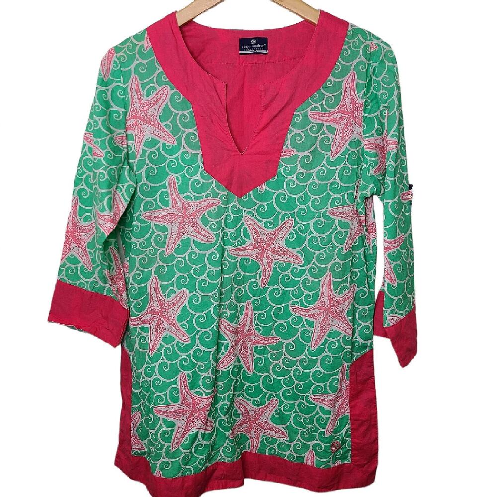 Simply Southern Womens SZ M‎ Pullover Tunic Top Pink Green Starfish Cover-up